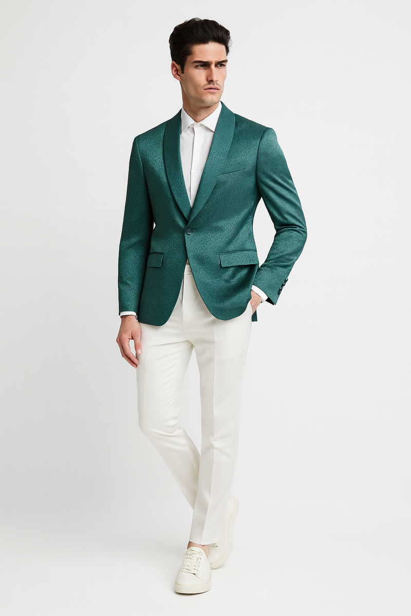 Men's slim-fit teal floral jacquard blazer. Satin-like sheen, single-button closure, two front pockets, and contrasting shawl collar.