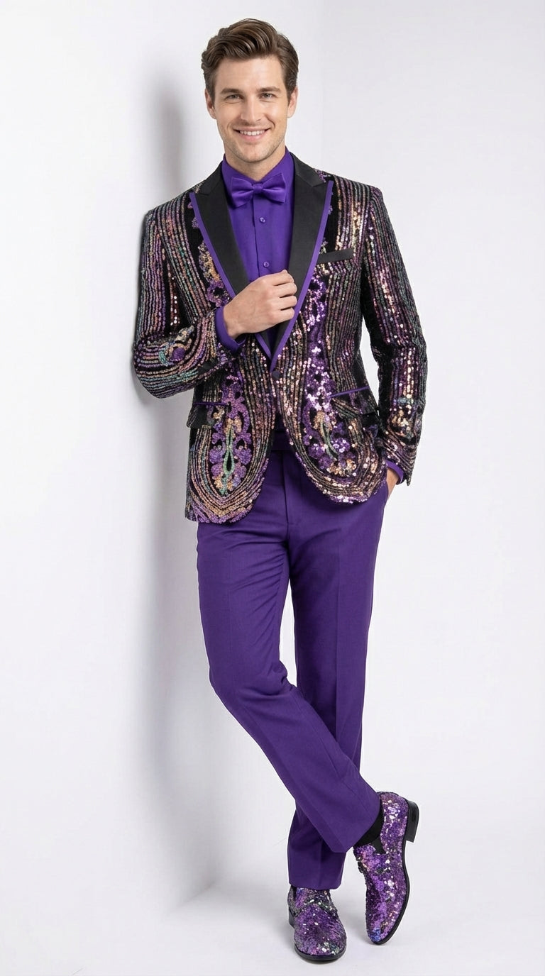 Mens Mardi Gra Black and Purple and Gold Sequin Tuxedo Jacket Set – Designer with Floral Pattern Jacket Formal Wedding Party Wear Bowtie