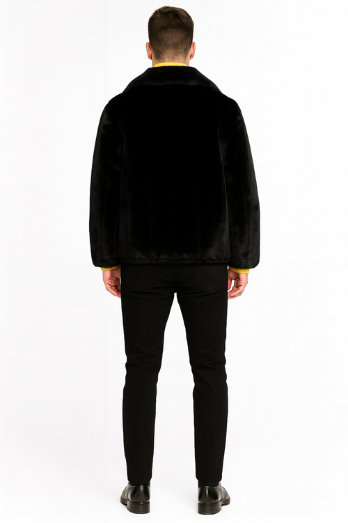 Men’s Black Faux Fur Jacket – Luxury Winter Zip-Up Coat with Soft Plush Finish