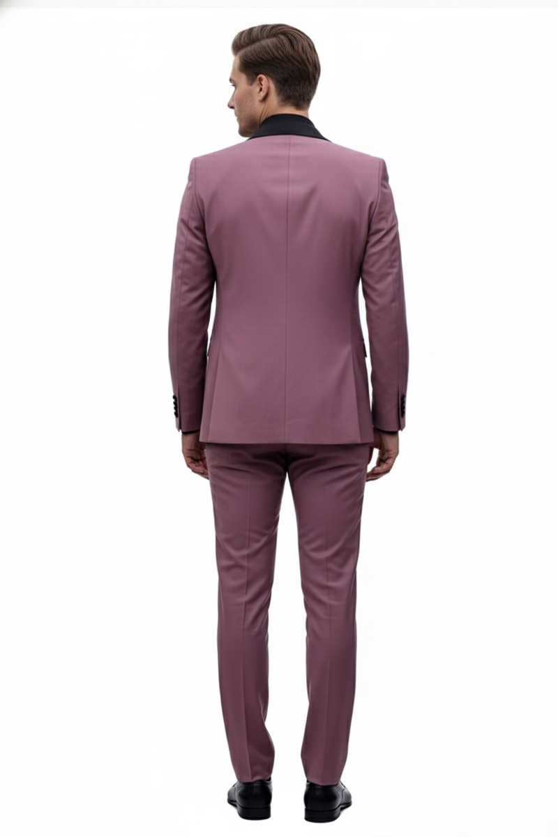Men's Rose Pink Tuxedo Suit â Luxury Three-Piece Formal Wear with Black Satin Lapel Dusty Mauve Color