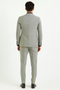 Men's light grey pinstripe 3-piece suit: fitted jacket, matching trousers, and vest. Smooth fabric, structured jacket, slim-fit trousers. Polished, coordinated appearance.