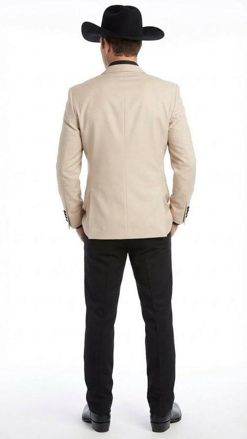 Men's Light Tan and Black Lapel Western Tuxedo Suit Set Wedding Party Cowboy Dress Tuxedo Black Pants