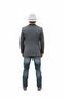 Gray western blazer with tailored fit, two-button closure, and notched lapels. Textured fabric offers a rugged yet formal look. Paired with blue jeans and brown boots for a classic cowboy style.