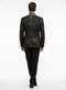 Men's black blazer with gold floral embroidery. Features tailored fit, structured silhouette, and contrasting gold trim. Formal design, coordinated with black trousers.