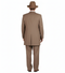 1920s tan zoot suit for men. Long, tailored jacket with single vent. High-waisted, wide-leg trousers. Matching fedora. Dark wingtip shoes. Classic style.