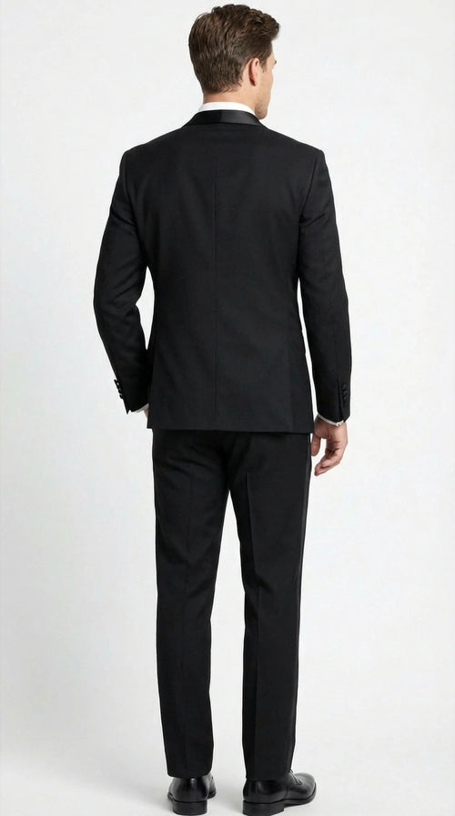 Tiglio Designer Men’s Black Single Button Tuxedo Suit – Formal Black Business and Wedding Suit Shawl Collar Super 150's Wool Fabric