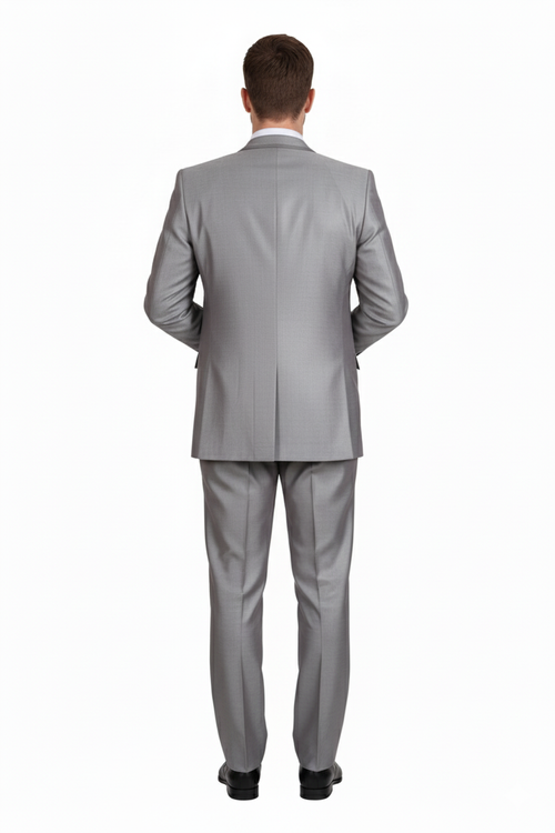 Men's light gray 3-piece modern fit suit (vest included), back view. Tailored silhouette, single vent, straight trousers. Smooth, subtly textured fabric. Uniform color.