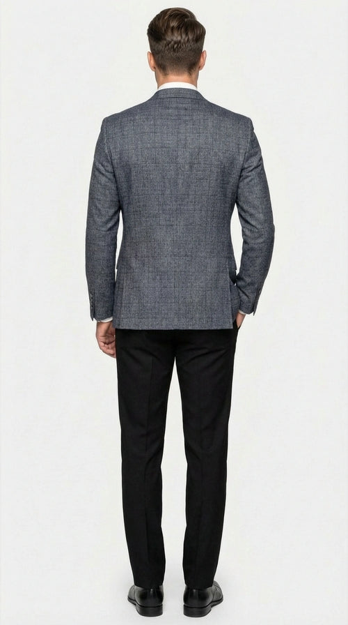 Men’s Charcoal Gray Windowpane Check Blazer – Classic Two Button Formal Sport Coat Jacket