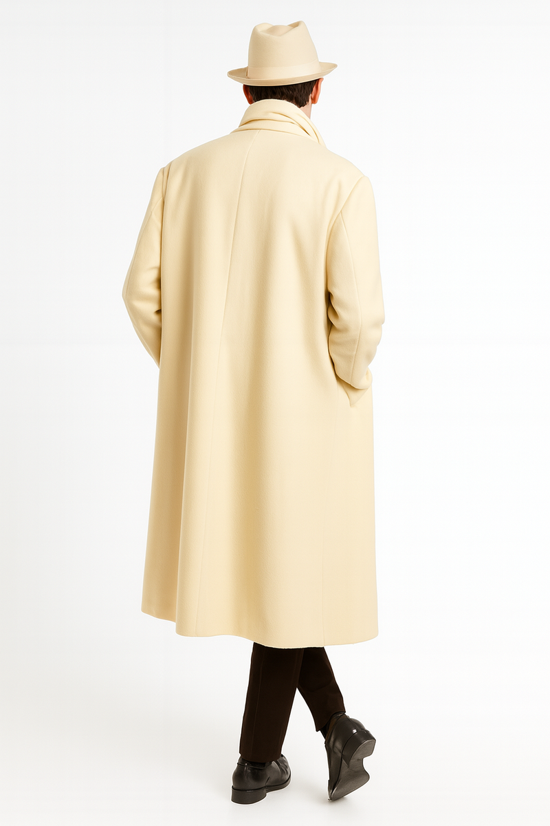 Men's ivory off-white wool overcoat. Full-length, straight silhouette. Cream color, no patterns.