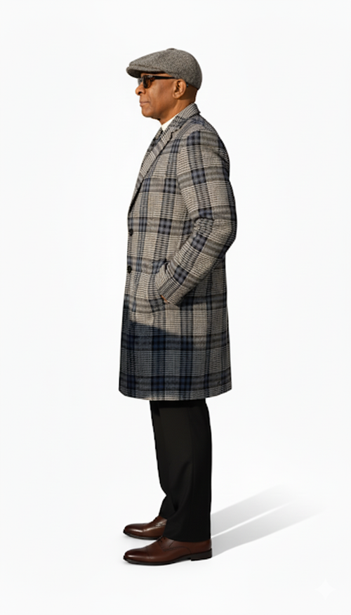 Overcoat - With Blue Plaid Pattern Coat - Wool Fabric Topcoat