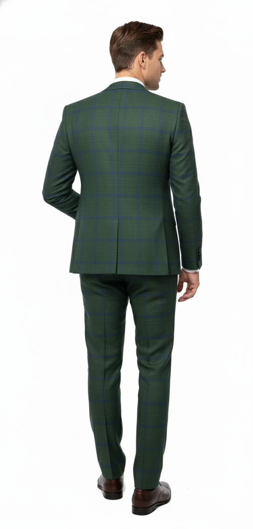 Men's slim fit, 3-piece green plaid suit. Classic check pattern with textured fabric in green shades and blue accents. Jacket has a single vent; trousers match the plaid.