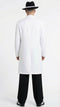 Men’s white zoot suit gangster style outfit features a long white jacket with a straight back and sleek cut, paired with black trousers. The jacket has a smooth texture and structured silhouette.