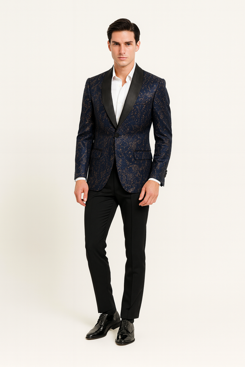 Navy sequin tuxedo jacket for men. Black satin shawl lapel, tailored fit, and two front pockets. Shimmering sequin pattern for a textured look.