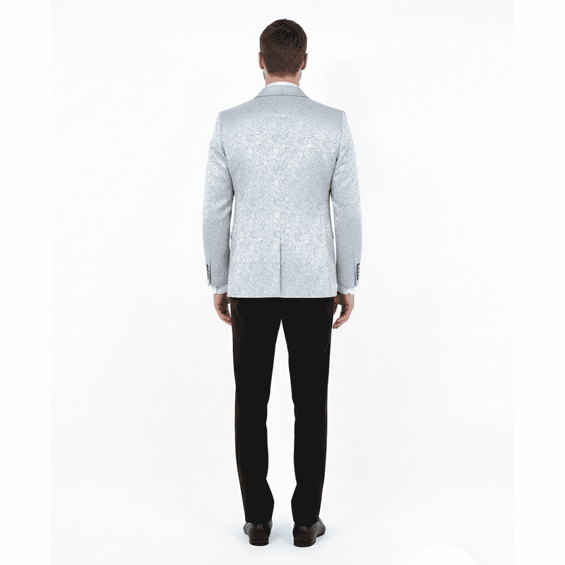 Silver-gray paisley tuxedo jacket for big & tall men. Satin finish, shawl lapel. Fitted structure, decorative paisley pattern on the back.