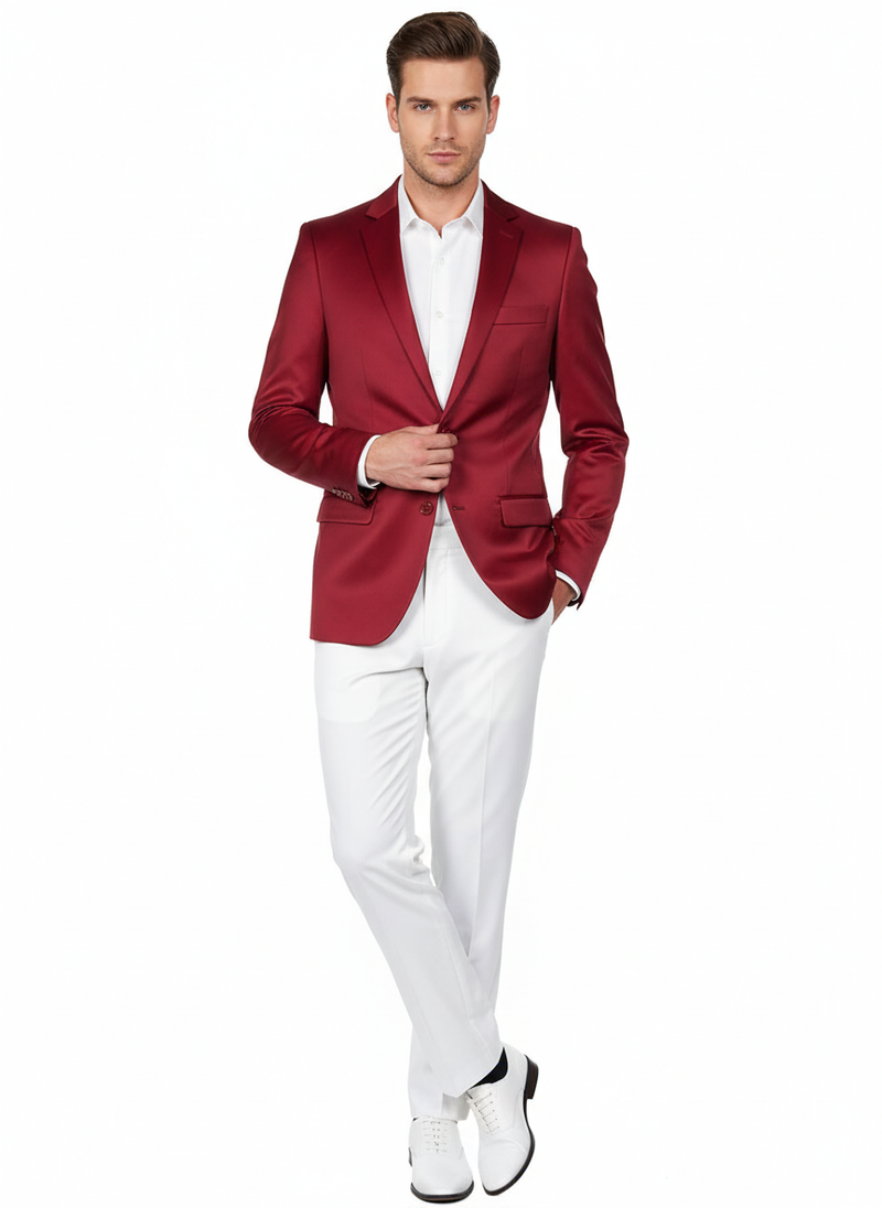 Slim-fit maroon wine blazer crafted from satin. Features single-button closure, notched lapels, and front pocket. Smooth, shiny finish with structured shoulders.