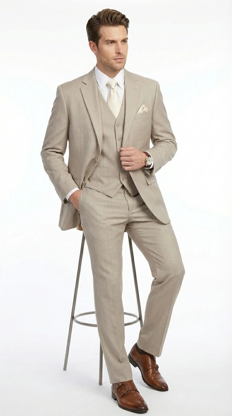 Men’s Tan Pinstripe Three Piece Suit – Classic Fit Pleated Pants Tan Sand Beige Wedding, Church Shadow Ton on Tone Business Suit for Men