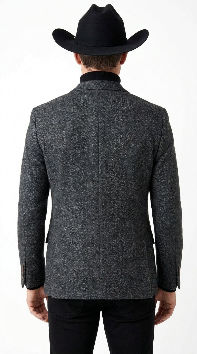 Men’s Charcoal Grey Herringbone Western Winter Blazer – Cowboy Sport Coat Jacket