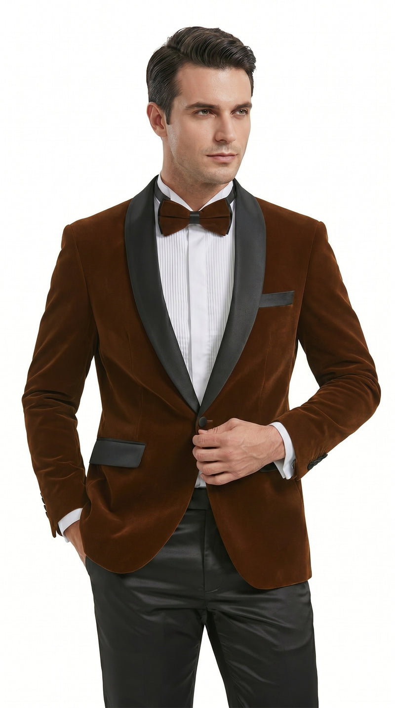 Men’s Brown Camel Bronze Velvet Tuxedo Jacket, Shawl Lapel Wedding Prom Dinner Blazer - Blazer Sportcoat