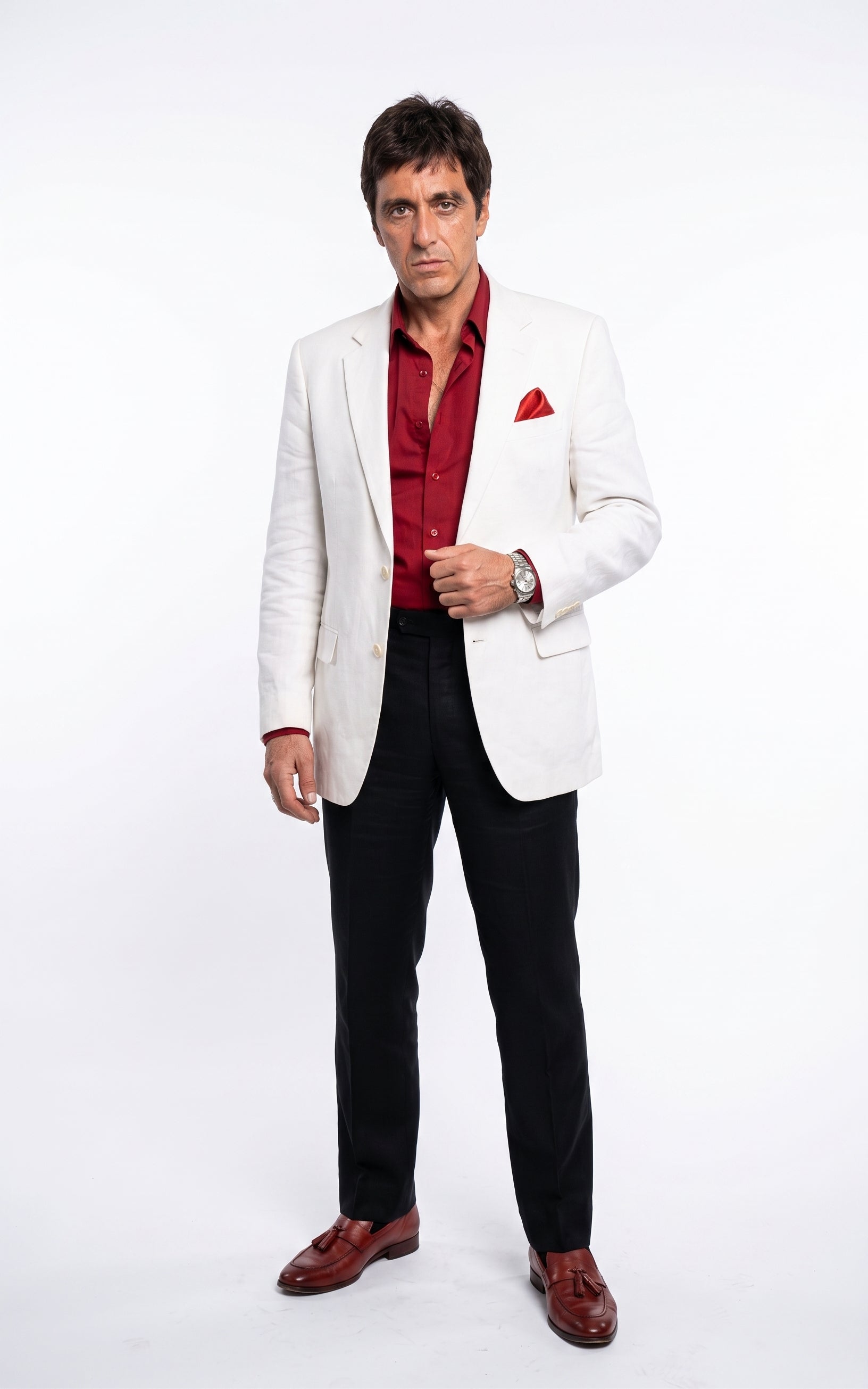 Tony Montana's White Blazer Red Shirt Black Pants Men's White Blazer Outfit with Red Shirt and Black Trousers for Party, Wedding and Vintage Style Wear | Alberto Nardoni Tony Montana's White Blazer Red Shirt Black Pants Men's White Blazer Outfit with Red Shirt and Black Trousers for Party, Wedding and Vintage Style Wear | Alberto Nardoni