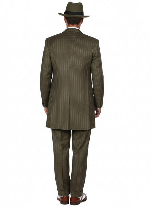 Men's olive green pinstripe zoot suit. Long, tailored jacket with split back, vertical stripes. Three-piece suit: matching tapered pants. Smooth, slightly shiny fabric. Includes matching olive hat, 1920s vintage style.
