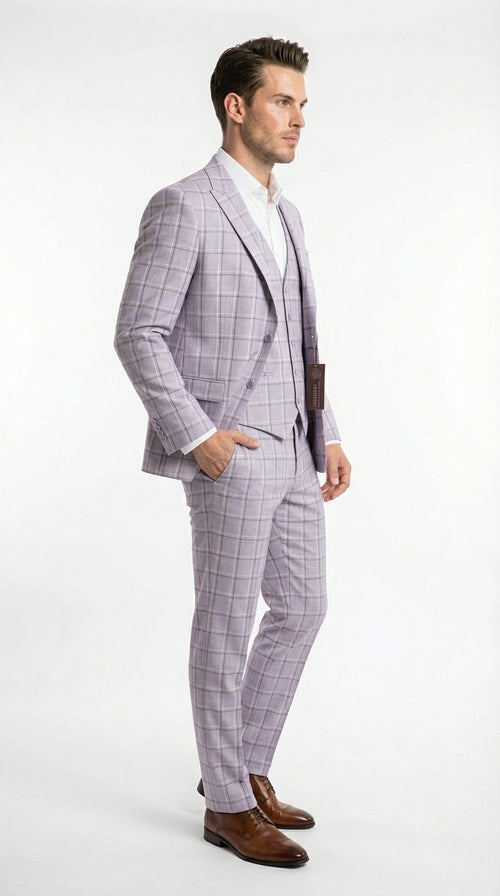 Men’s Lilac Lavender Windowpane Check 3 Piece Suit – Lilac Plaid Formal Suit with Vest for Wedding, Prom and Business Events