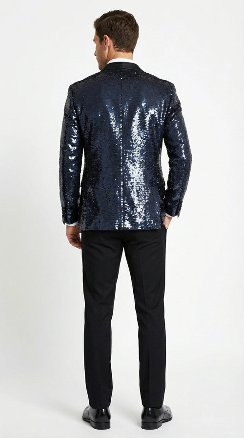Men’s Navy Sequin Blazer – Navy Blue Sparkle Sequin Formal Blazer with Satin Lapel for Prom, Party and Evening Events