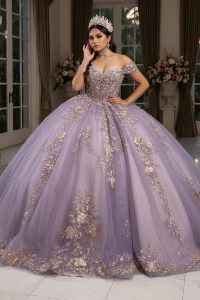 QuinceaƱera Ball Gown Off Shoulder Glitter Tulle Dress with 3D Floral AppliquƩs Long Train by Layla K LK292