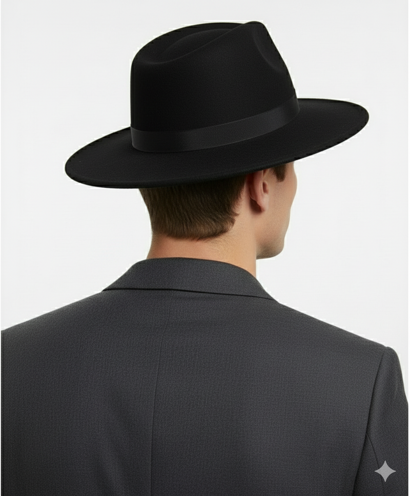 Men's black fedora hat crafted from wool felt. Classic shape with a rounded crown, wide flat brim, and matching black band around the base.