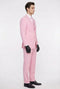 Men's pink two-piece suit with a classic fit. Features a notched lapel jacket with front pockets and straight-leg pants. Made from smooth, lightweight fabric for formal occasions.