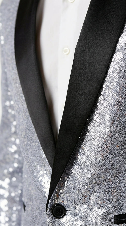 Mens Silver Grey Sequin Tuxedo Suit – Shiny Wedding Suit Set with Black Lapel for Prom, Party, Gala and Formal Evening Wear
