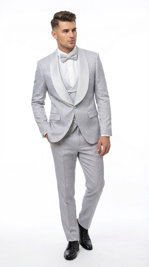 Mens Light Silver Wedding Tuxedo Suit – Paisley Fabric Three Piece Formal Suit Set with Shawl Lapel for Groom, Prom, Gala and ice Grey