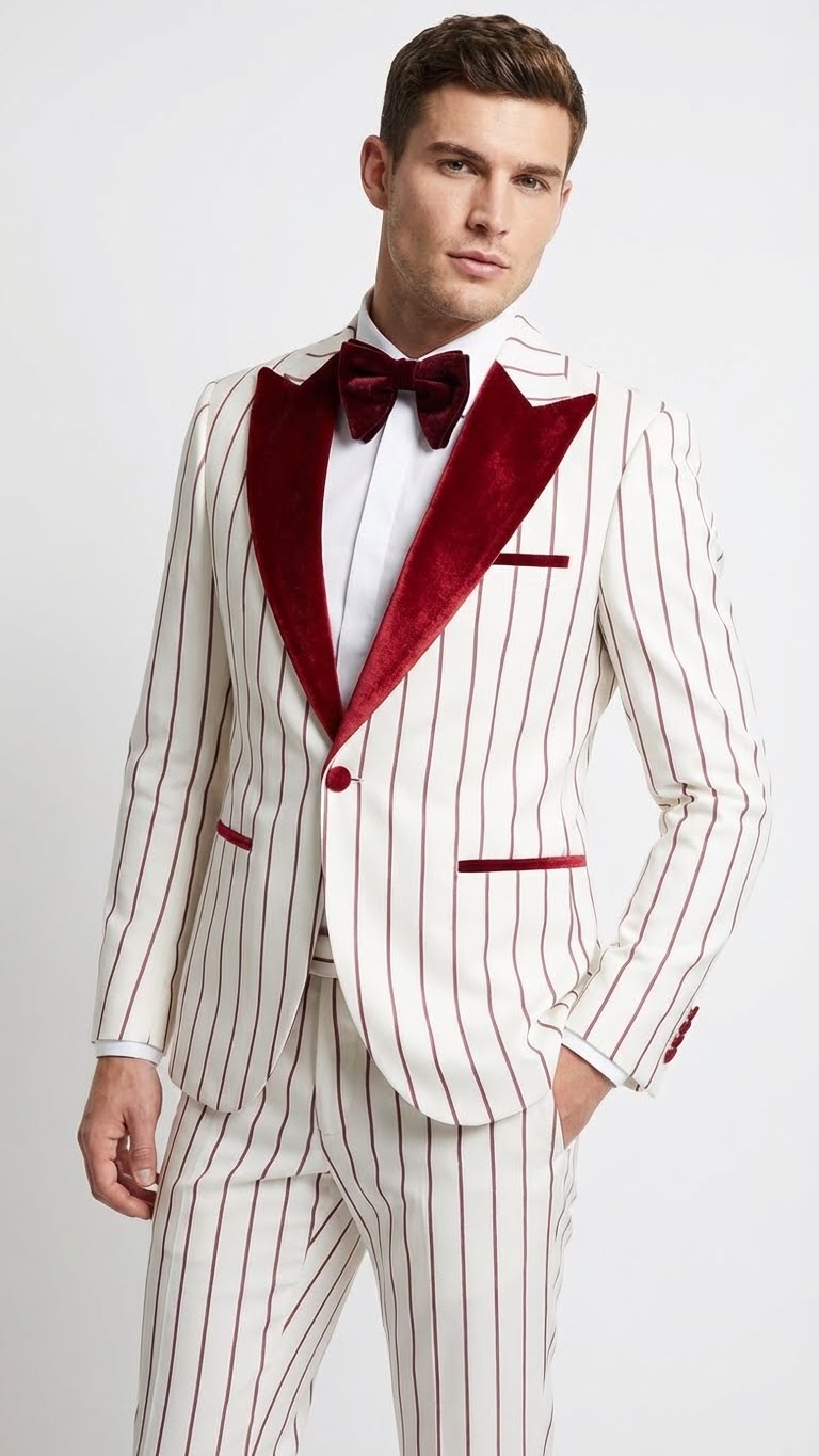 Men's pinstripe tuxedo: white/dark red, velvet shawl lapel. Structured form, single-button closure, tailored trousers. Alternating stripes, contrasting velvet detail.
