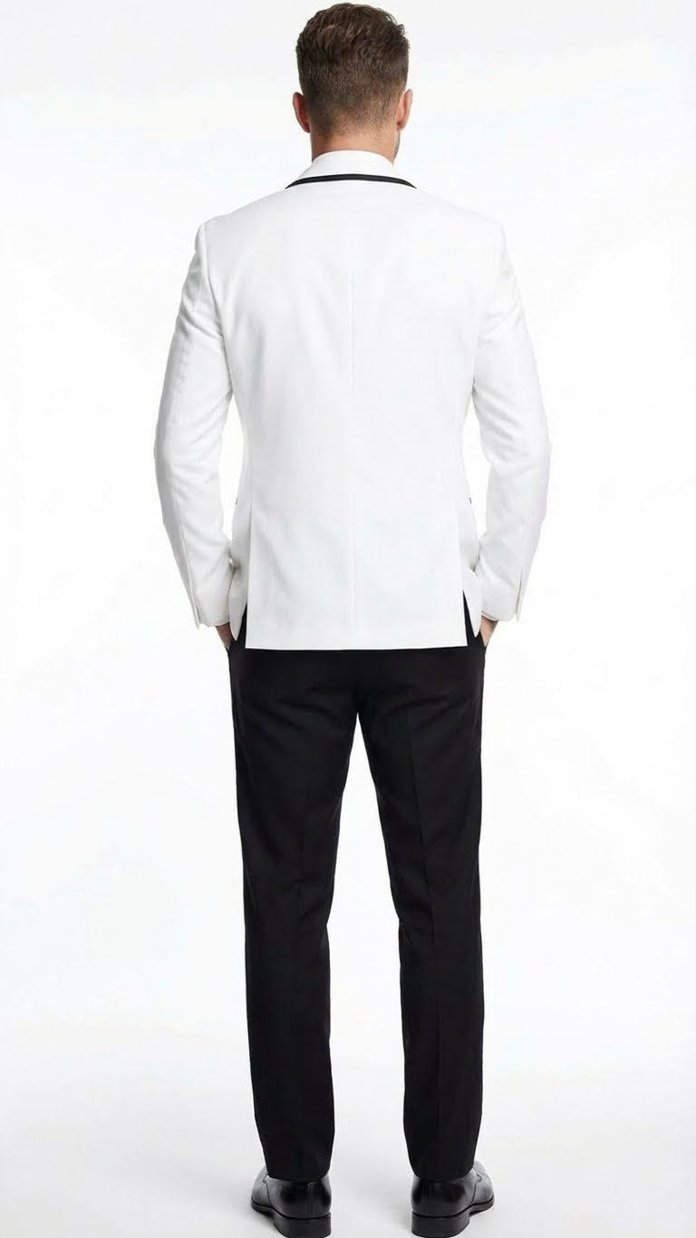 Men's white blazer with black trim & tailored shape. Features visible seams, single back vent. Paired with black trousers for a formal, structured look and contrast.