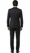 Black men's tuxedo suit viewed from the back. Fitted silhouette, structured design, smooth black fabric. Single vent jacket, matching trousers, and black shoes complete the formal look.