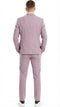 Men's dusty rose pink three-piece suit with fitted jacket, trousers, and vest. Subtle vertical pinstripe. Streamlined silhouette, uniform color.
