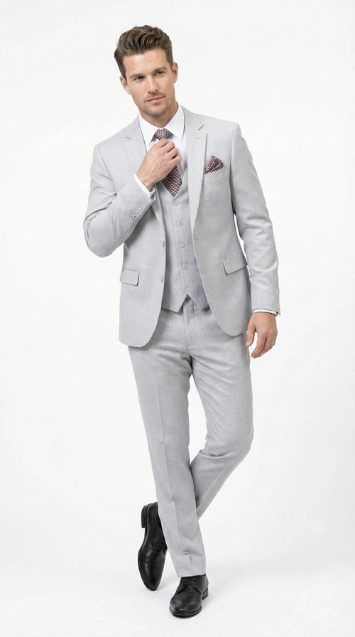 Men’s Light Grey Sharkskin 3 Piece Suit – Two Button Vested Modern Formal Business Suit for Wedding in silver Ice Gray