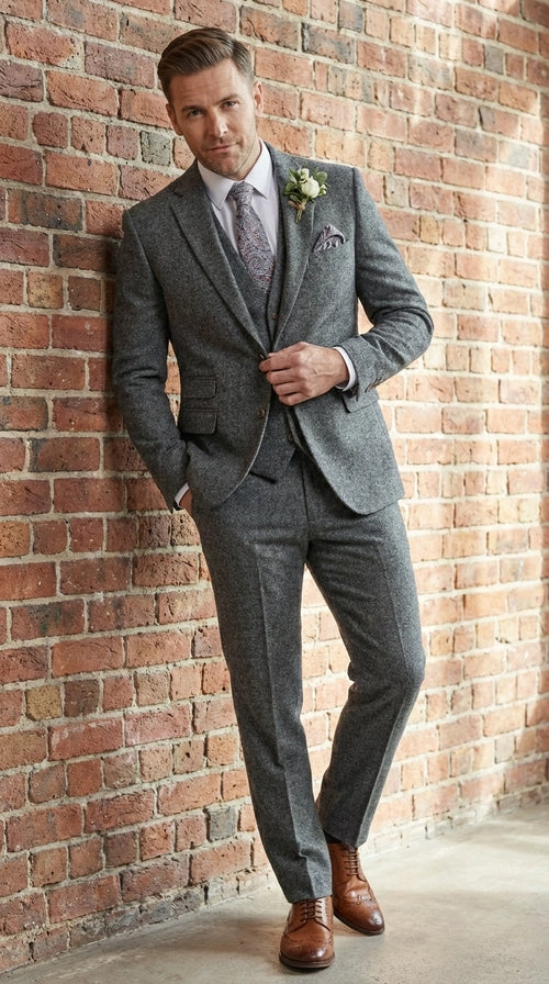 Men’s Peaky Blinder Light Grey Tweed Suit with Vest – Classic Three Piece Formal Suit, Vintage Wedding Business Outfit