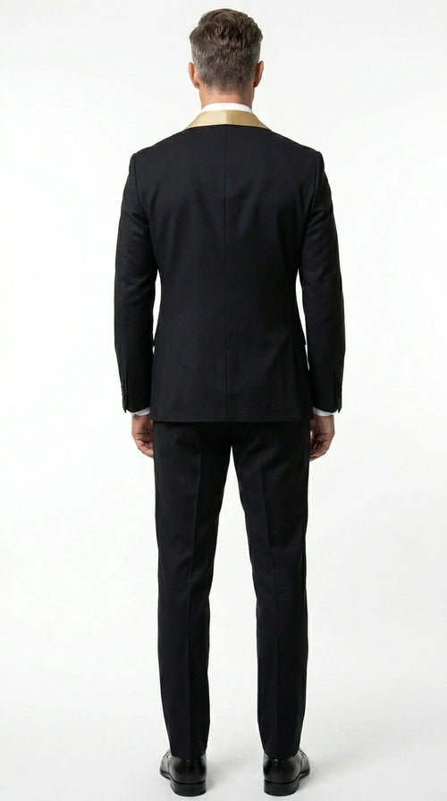 Men’s Black Suit with Gold Lapel – Luxury Formal Tuxedo Style Suit for Wedding, Prom, Party and Evening Wear