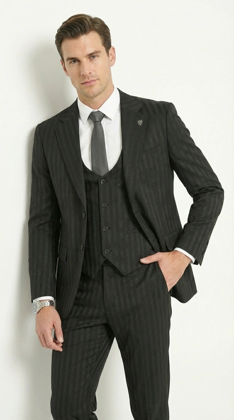 Men’s Black Pinstripe 3 Piece Suit – Vested Formal Business Suit for Wedding, Office, Prom and Party Wear