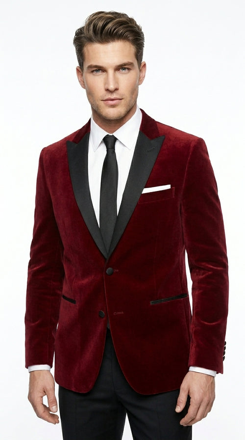 Velvet Velour Formal Sport Coat Two Tone Trimming Notch Collar Black and Burgundy ~ Maroon Suit ~ Wine Color Men's blazer Burgundy Tuxedo
