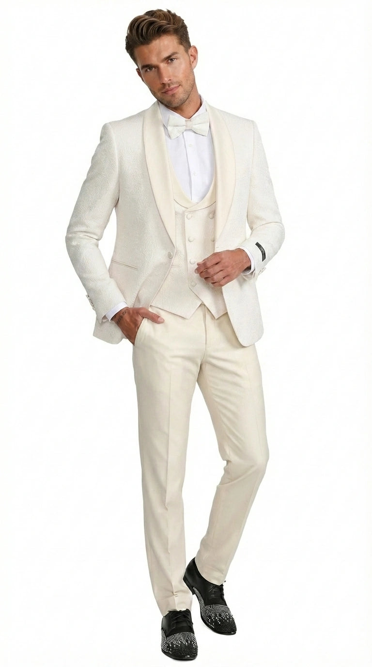 Men’s Ivory Paisley Tuxedo Suit 3 Piece – One Button Vested Satin Formal Suit for Wedding in Off white Cream Color