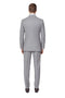 Men's light grey double-breasted suit. Structured fit, straight cut with two-row button closure and matching trousers. Smooth, subtly textured fabric. Clean back, tailored waist. Uniform light grey color.