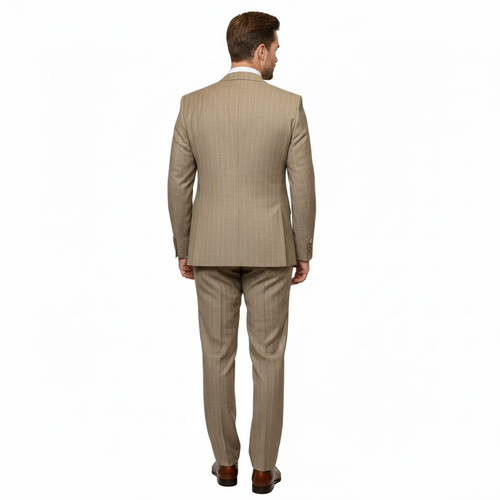 Men’s Beige Pinstripe Three-Piece Suit – Classic Fit Formal Suit with Vest and Flat-Front Pants in Tan Stripe By Rossiman