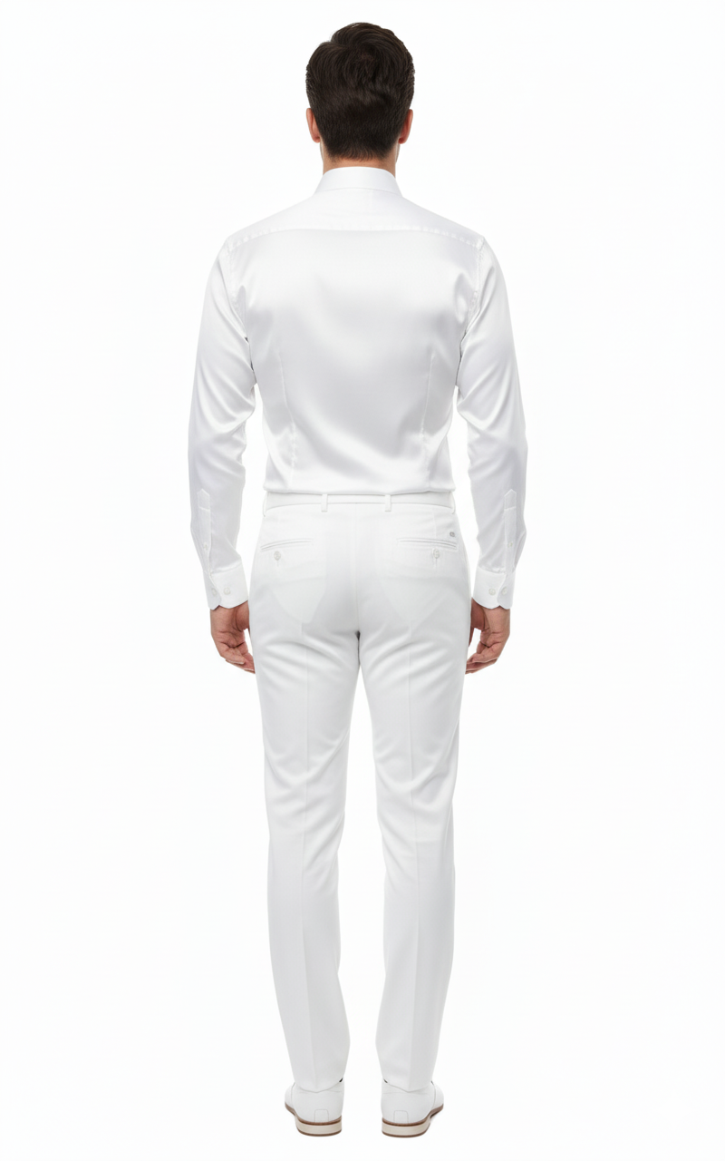 Men's white satin dress shirt: long sleeves, smooth shiny surface. Standard collar, button cuffs. Solid white, classic and elegant.