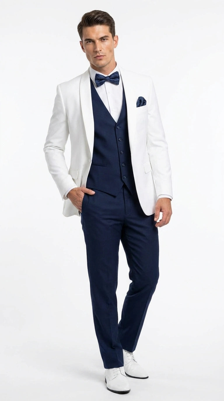 Men’s White and Navy blue tuxedo 3 Piece Suit – Classic White Blazer with Navy Vest and Pants for Wedding, Party + Bowtie