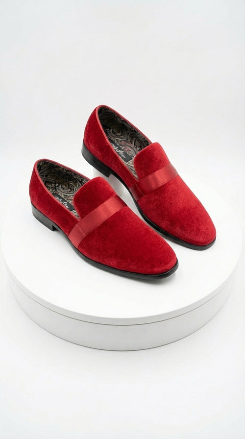 Mens Red Velvet Loafers – Luxury Formal Slip On Dress Shoes Wedding Party Prom Evening Shoes