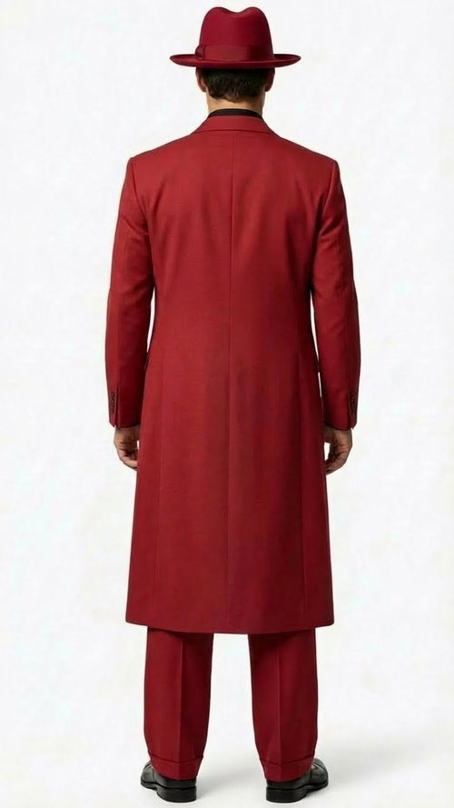 Alberto Nardoni's 1920s red zoot suit: long tailored coat, straight-leg trousers, smooth fabric (likely wool), single vent, longer back, and wide-brimmed red hat. Sharp trouser crease.
