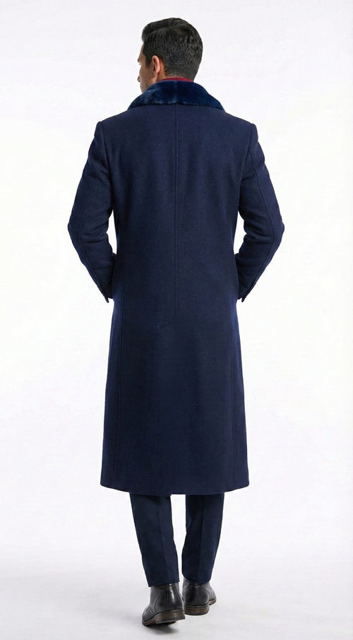 Men’s Dark Navy Blue Long Overcoat with Faux Fur Collar, Classic Winter Dress Coat for Formal