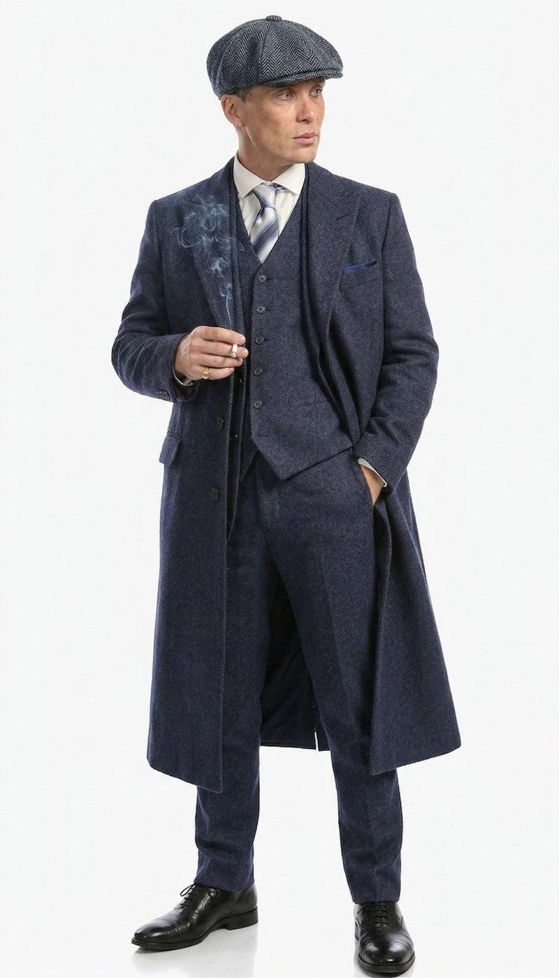 Men’s Navy Blue Herringbone Tweed 1920s 3 Piece Suit with Overcoat – Vintage Peaky Blinder Style Formal Suit Set with Blazer, Waistcoat + Overcoat + Hat