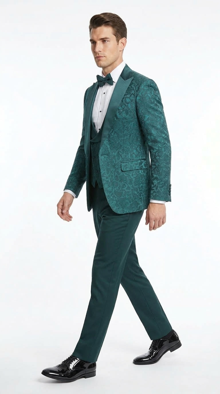 Men’s Hunter Green Paisley Tuxedo – 3 Piece Prom & Wedding Suit with Matching Bow Tie